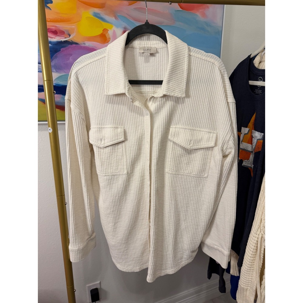 LOFT Outlet Waffle Knit Button Down Shirt Cream Off White XL Long Sleeve Shacket